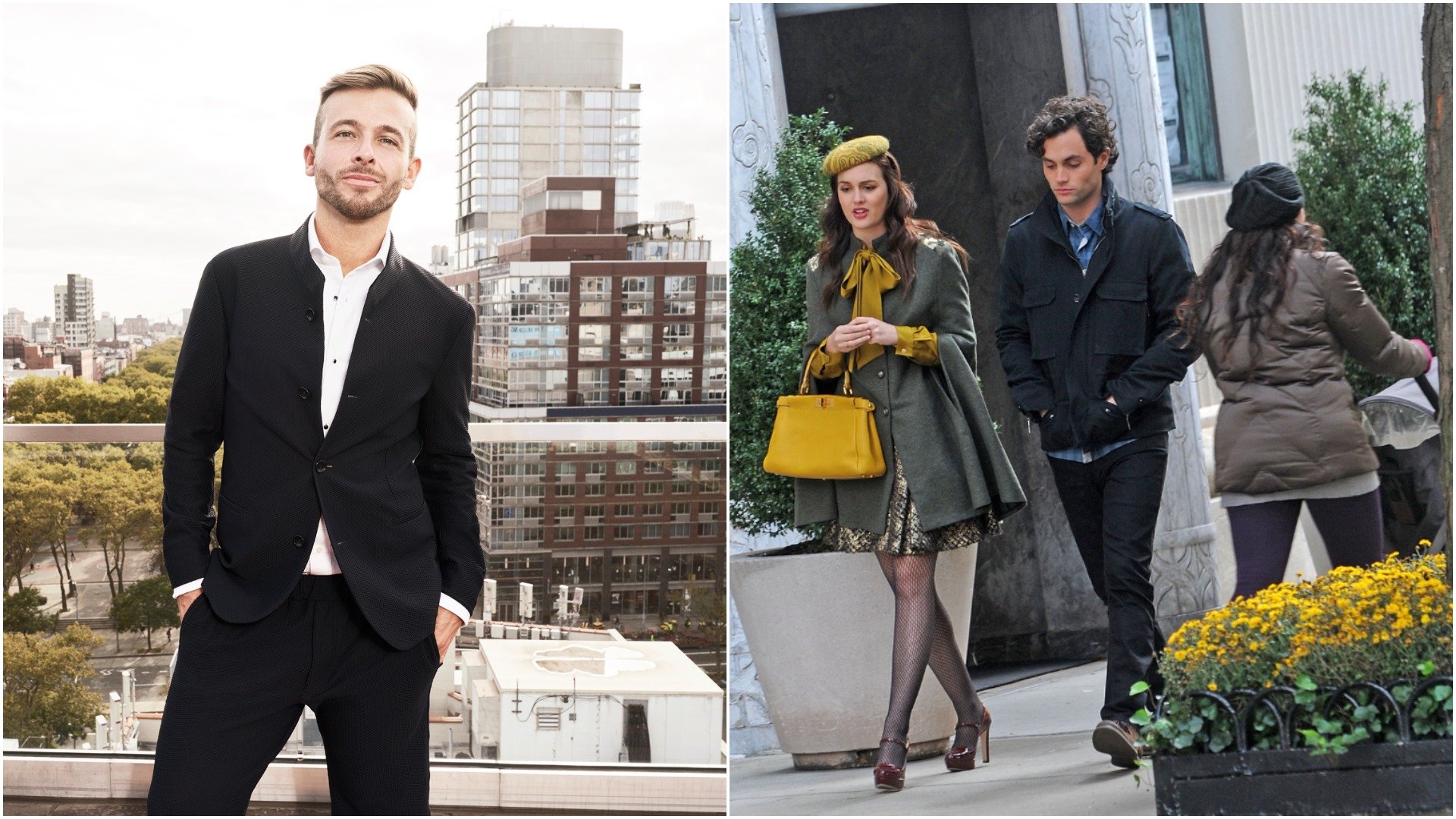 Tyler Whitman poses for 'Million Dollar Listing New York' cast photo. Leighton Meester and Penn Badgley walk down the street on Gossip Girl set.