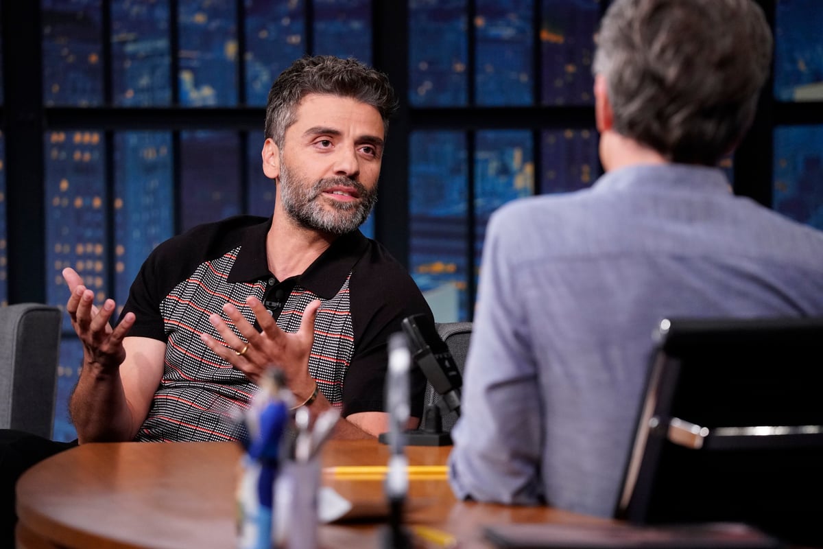 'Moon Knight' actor Oscar Issac with host Seth Meyers