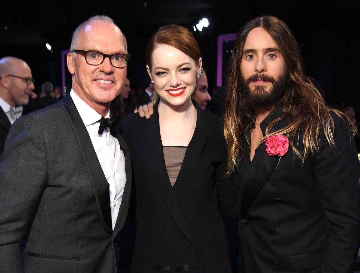 Sony 'Spider-Man' movie stars Michael Keaton, Emma Stone and Jared Leto pose backstage at TNT's 21st Annual Screen Actors Guild Awards