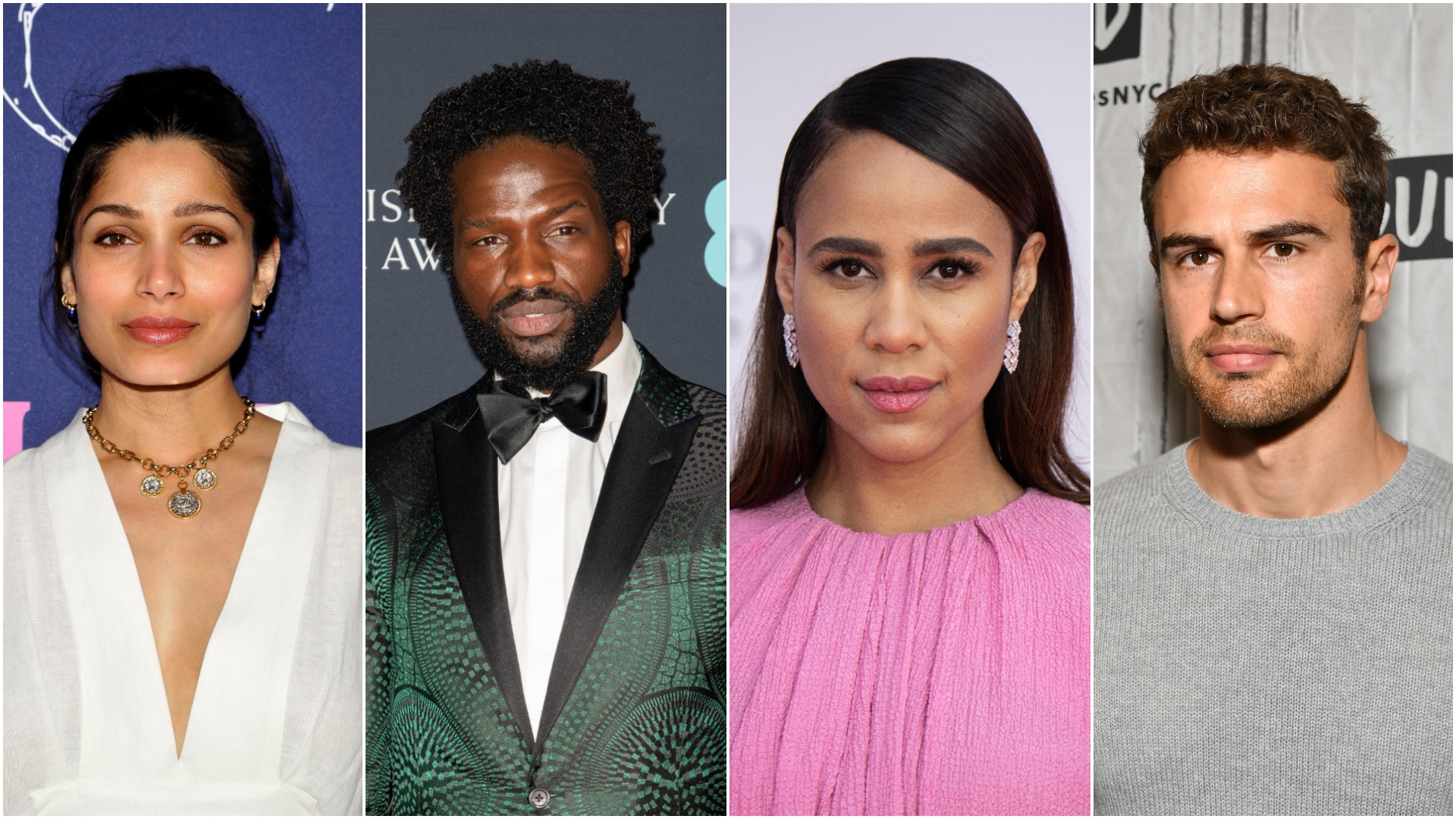 Side by side photos of 'Mr. Malcolm's List' cast members Freida Pinto, Ṣọpẹ́ Dìrísù, Zawe Ashton, and Theo James