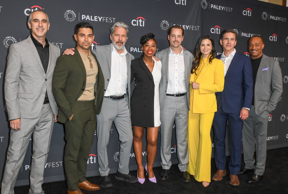 NCIS season 20 showrunner Steven D. Binder with stars Wilmer Valderrama, Gary Cole, Diona Reasonover, Sean Murray, Katrina Law, Brian Dietzen and Rocky Carroll attend the 39th Annual PaleyFest "A Salute to the NCIS Universe"