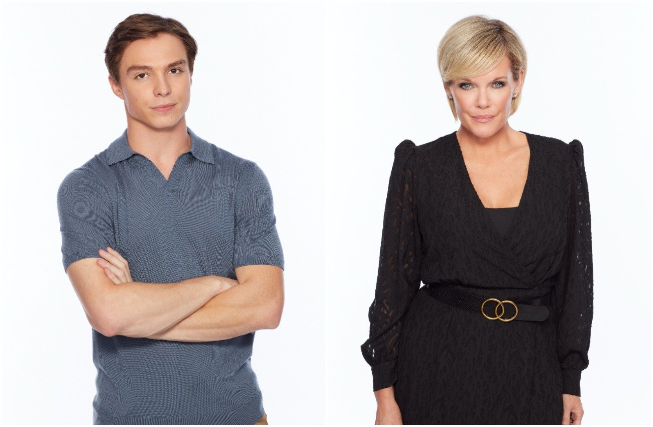 Nicholas Chavez wearing a light blue shirt and crossing his arms. Maura West wearing a black dress and looking into the camera