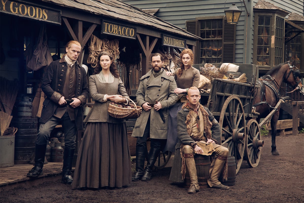 Outlander season 7 stars Sam Heughan, Caitriona Balfe, Richard Rankin, Sophie Skelton, and John Bell in an image from season 6