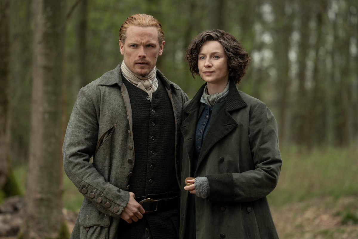 Outlander stars Sam Heughan and Caitriona Balfe in character as Jamie and Claire Fraser in an image from season 6