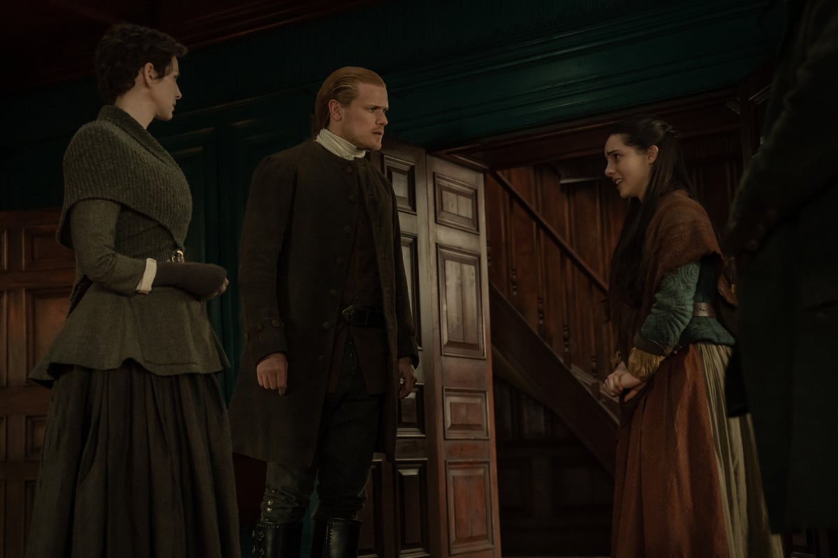 Outlander season 6 Caitriona Balfe (Claire Fraser), Sam Heughan (Jamie Fraser), and Jessica Reynolds (Malva Christie)