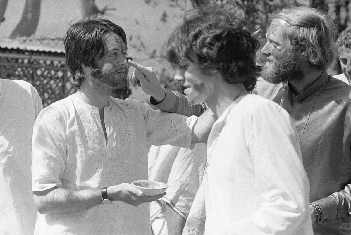 Paul McCartney, Donovan, and Mike Love in India, 1968.