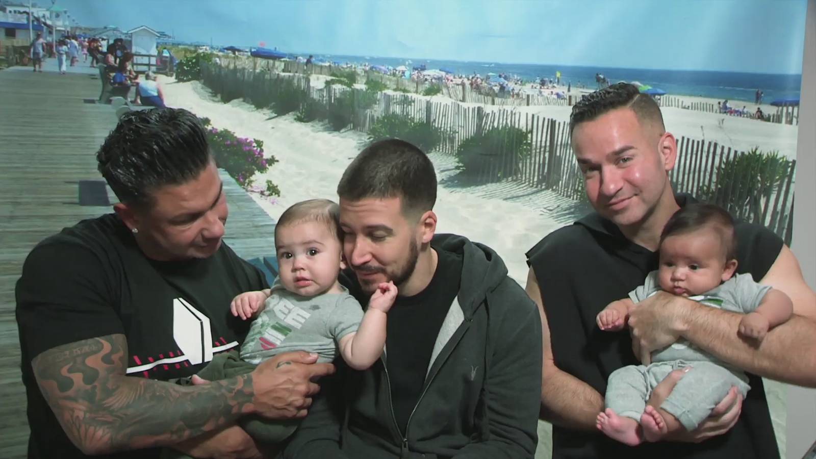 Pauly D, Vinny Guadagnino, and Mike 'The Situation' Sorrentino holding CJ Buckner and Angelo LaValle in 'Jersey Shore: Family Vacation'