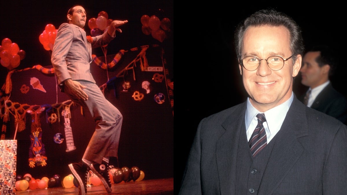 (L) Paul Reubens as Pee-wee Herman, standing on his toes in black converse and signature suit while on stage (R) Phil Hartman smiles for a picture in a suit and glasses