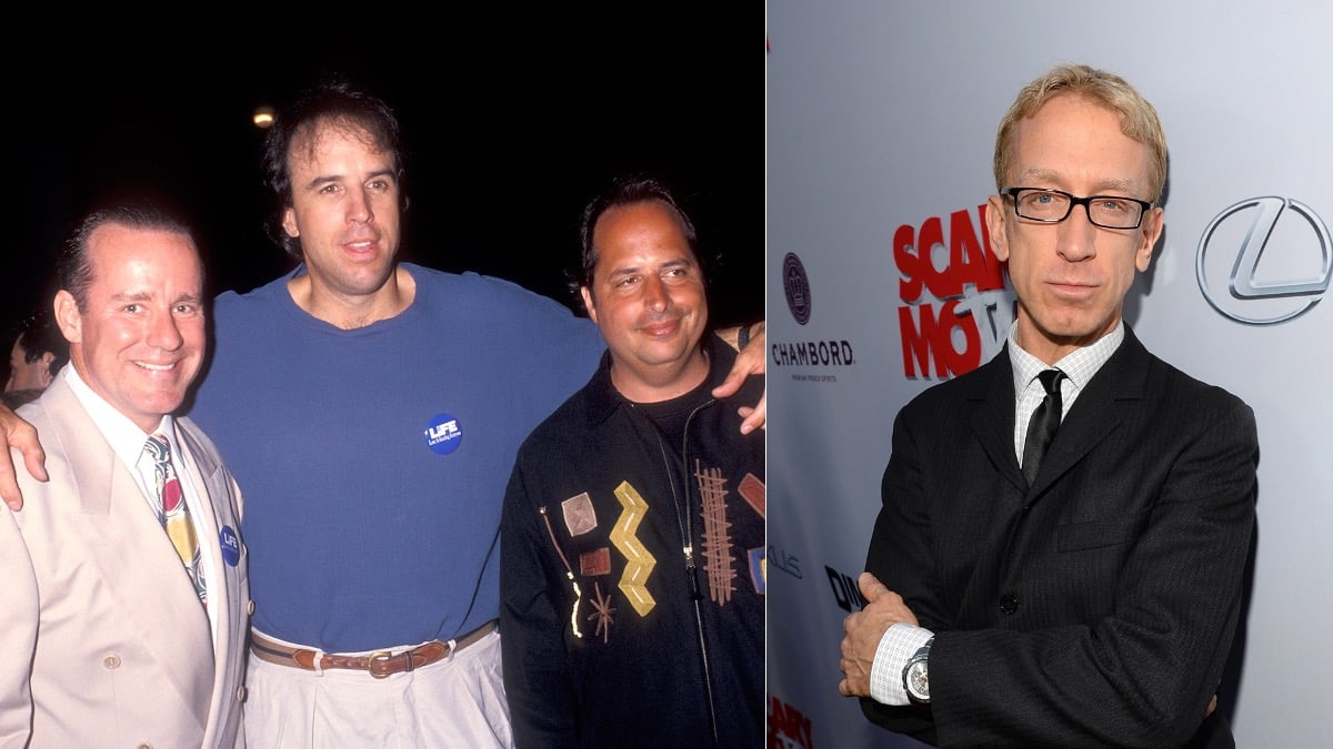 (L) Phil Hartman on left, Kevin Nealon in center, and Jon Lovitz on right c. 1993 (R) Andy Dick stands with his arms folded in a black suit and tie 