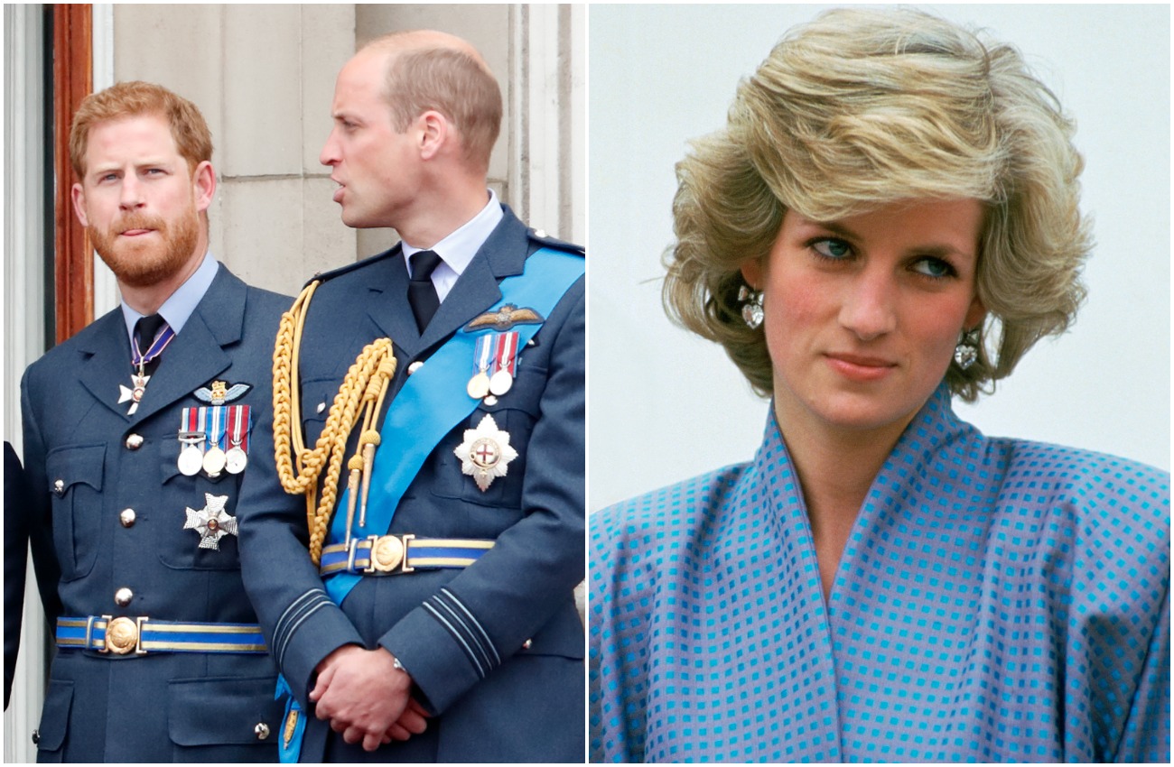 Prince Harry and Prince William standing next to each other and wearing blue uniforms. Princess Diana wearing a blue outfit and looking toward the right of the picture