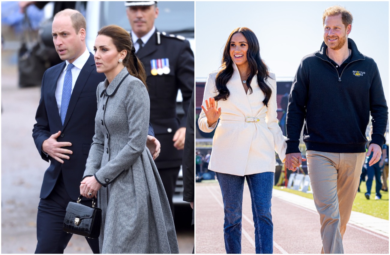Prince William and Kate Middleton wearing dark outfits while walking and looking toward the left side of the camera. Meghan Markle wearing a white jacket and walking next to and Prince Harry, who is wearing a black jacket