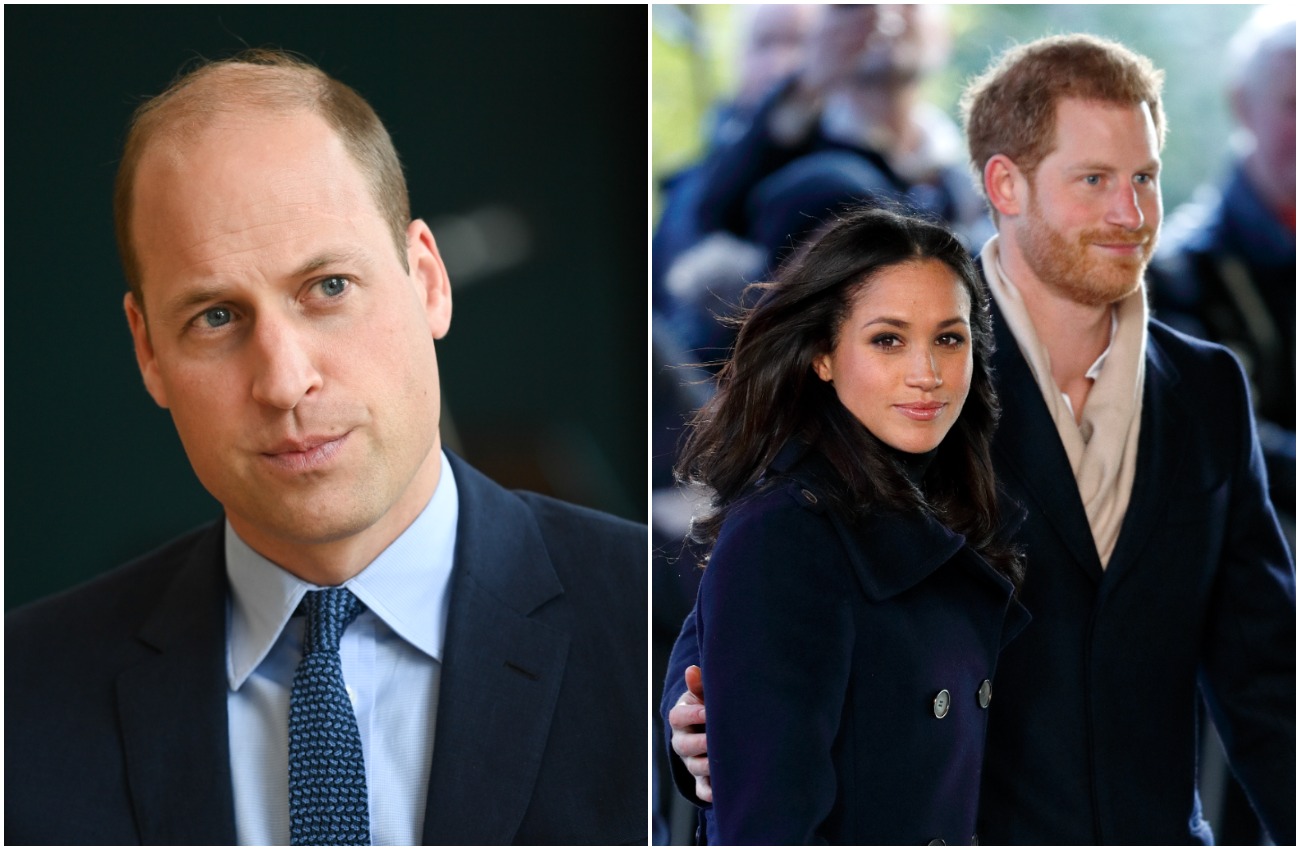 Prince William looking on closeup, Meghan Markle and Prince Harry looking on while wearing dark outfits