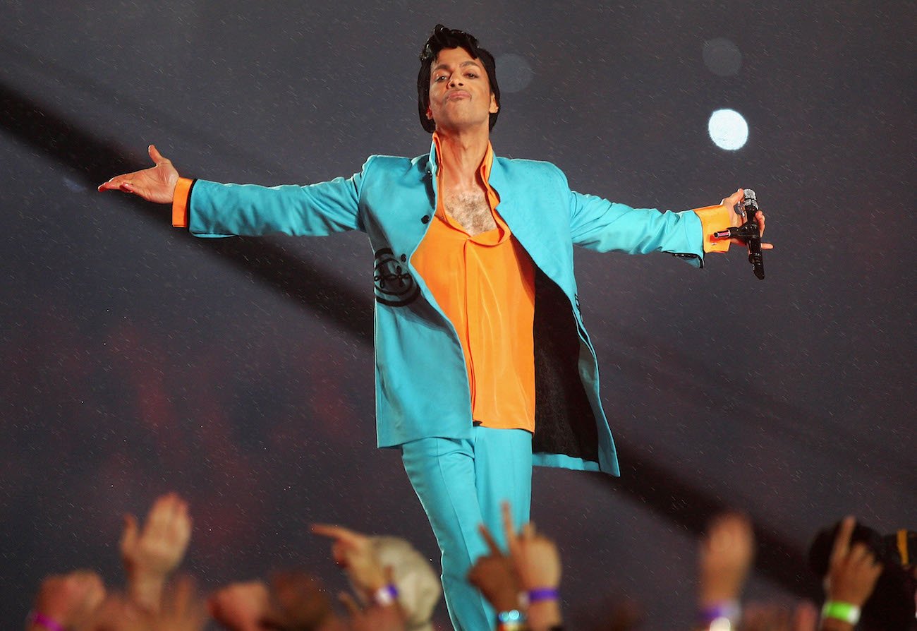 Prince performing during the 2007 Super Bowl Halftime performance. 