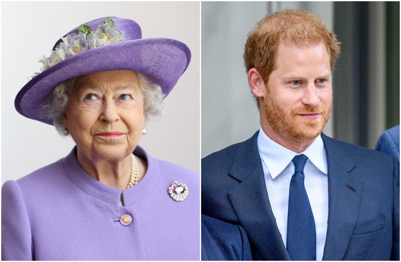 Queen Elizabeth wearing a purple outfit with a purple hat. Prince Harry wearing a dark blue suit