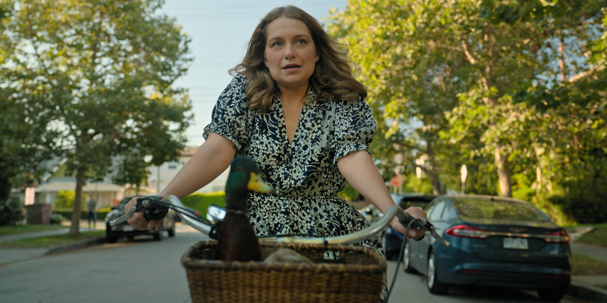 'Roar' duck episode: Merritt Wever rides a bike with the duck in the basket