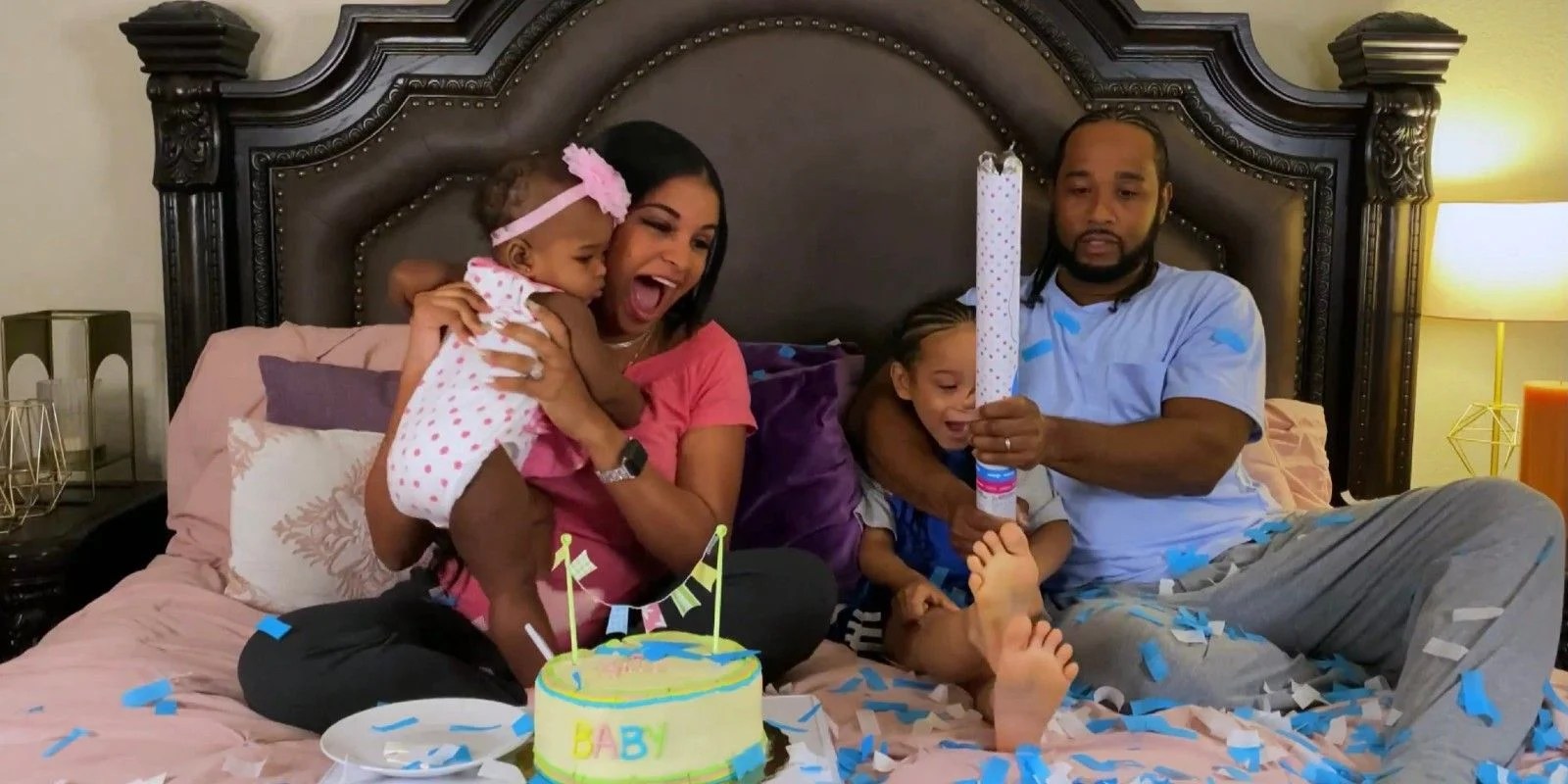 Robert Springs and Anny Francisco do a gender reveal with confetti on their bed with their daughter and son on '90 Day Fiancé: Pillow Talk'.
