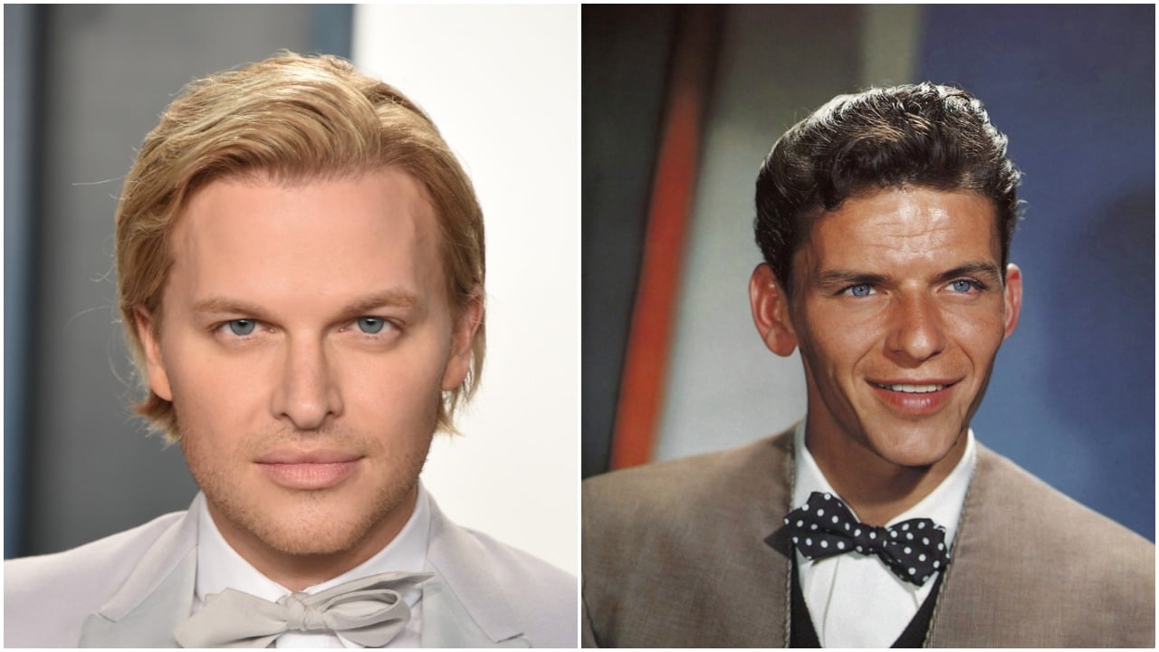 Ronan Farrow wears a white suit and stares at the camera. Frank Sinatra wears a brown jacket and black polka dot bow tie. 