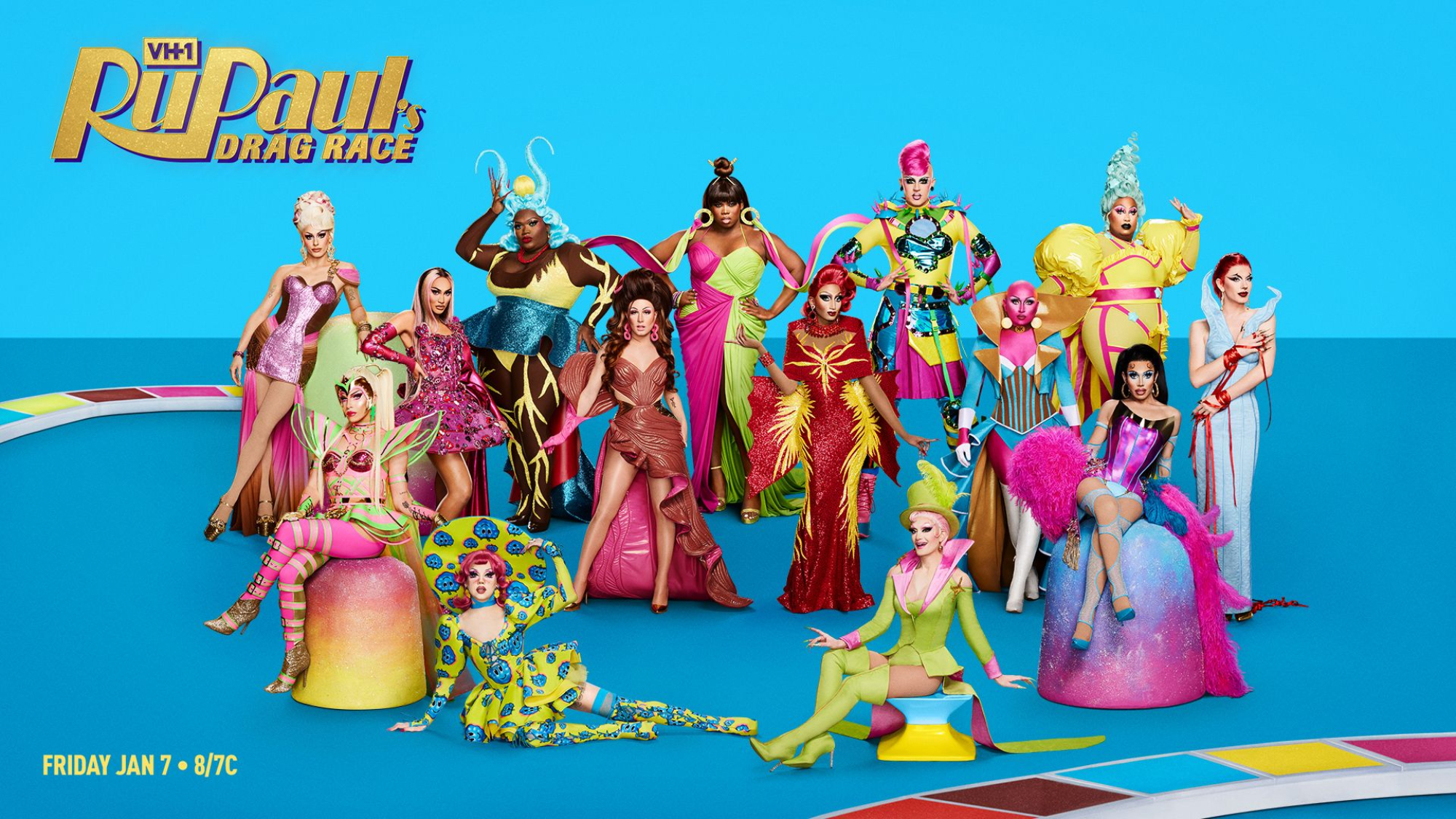 ‘RuPaul’s Drag Race Season 14’ cast, including finalists, Jasmine Kennedie, Alyssa Hunter, Kerri Colby, Willow Pill, Cornbread ‘The Snack’ Jeté, Orion Story, June Jambalaya, Angeria Paris VanMichaels, Lady Camden, Daya Betty, Maddy Morphosis, DeJa Skye, Jorgeous, and Bosco posing in front of a blue background