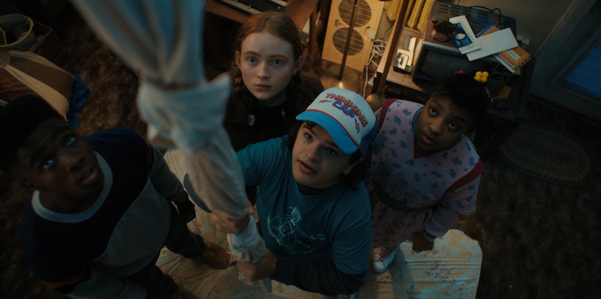 'Stranger Things 4' production still with Caleb McLaughlin as Lucas Sinclair, Sadie Sink as Max Mayfield, Gaten Matarazzo as Dustin Henderson, and Priah Ferguson as Erica Sinclair.