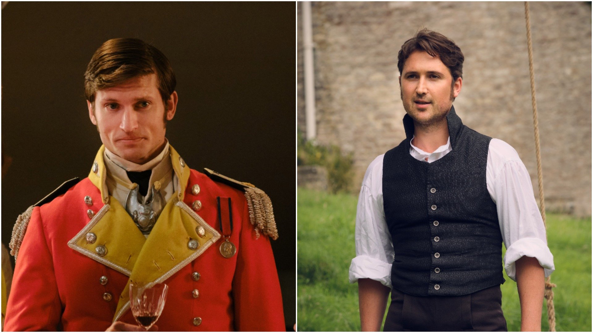 Side-by-side photos of Lennox in red military jacket and Colbourne in white shirt and vest from 'Sanditon' Season 2