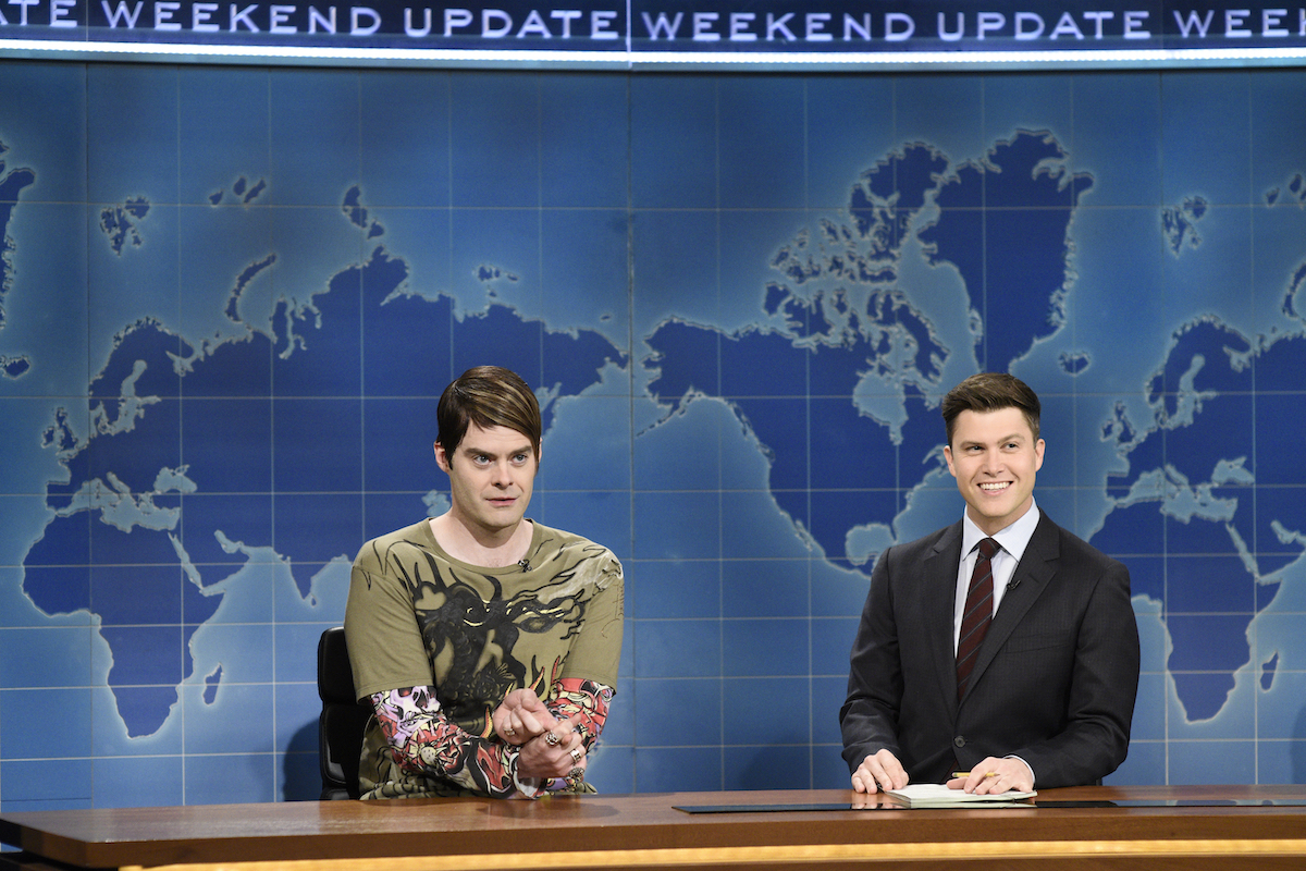 Bill Hader, as Stefon, and Colin Jost film a Weekend Update sketch during Saturday Night Live