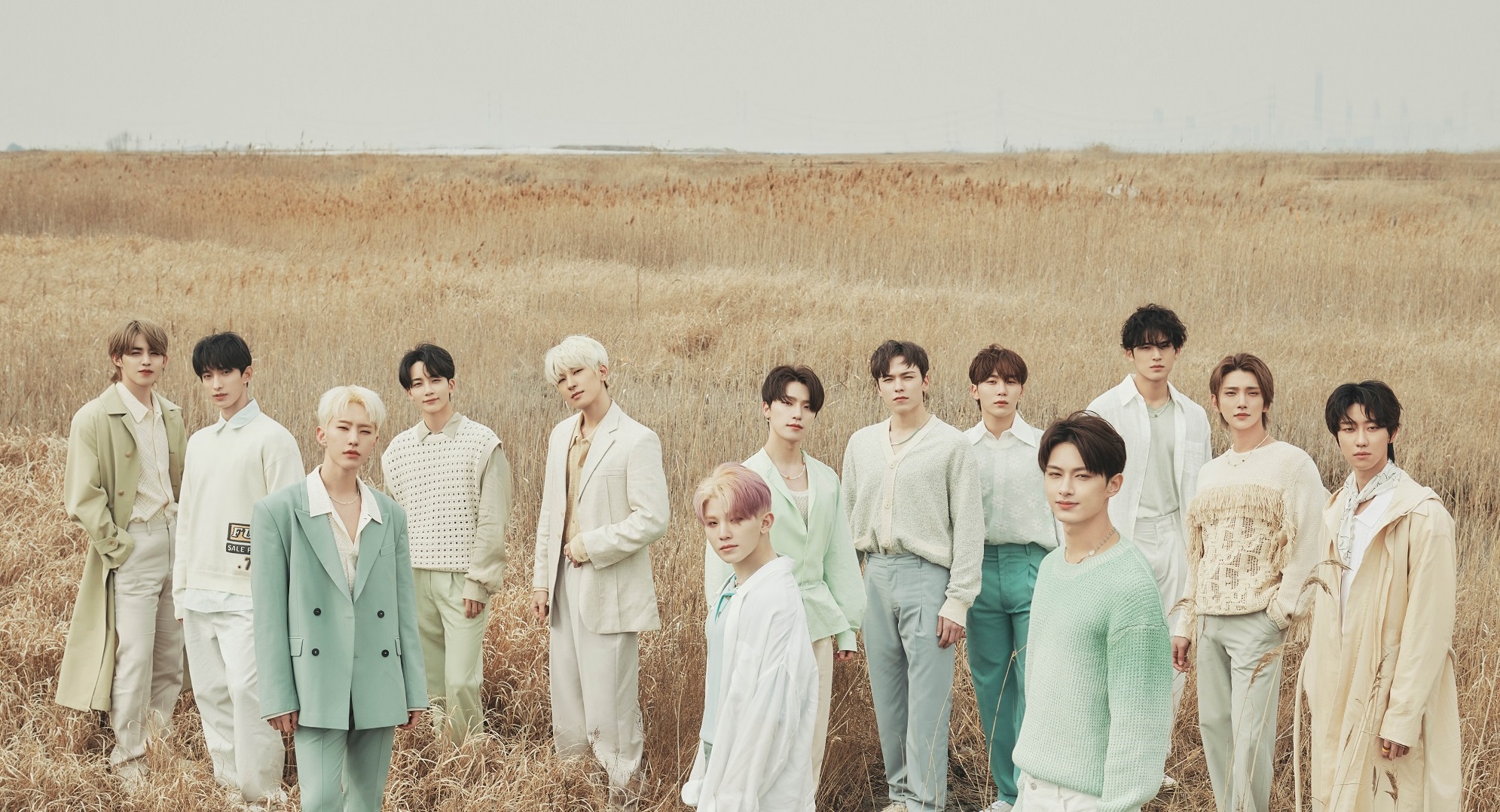 The members of Seventeen stand in a field as a promotional photo for 'Darl+ing'