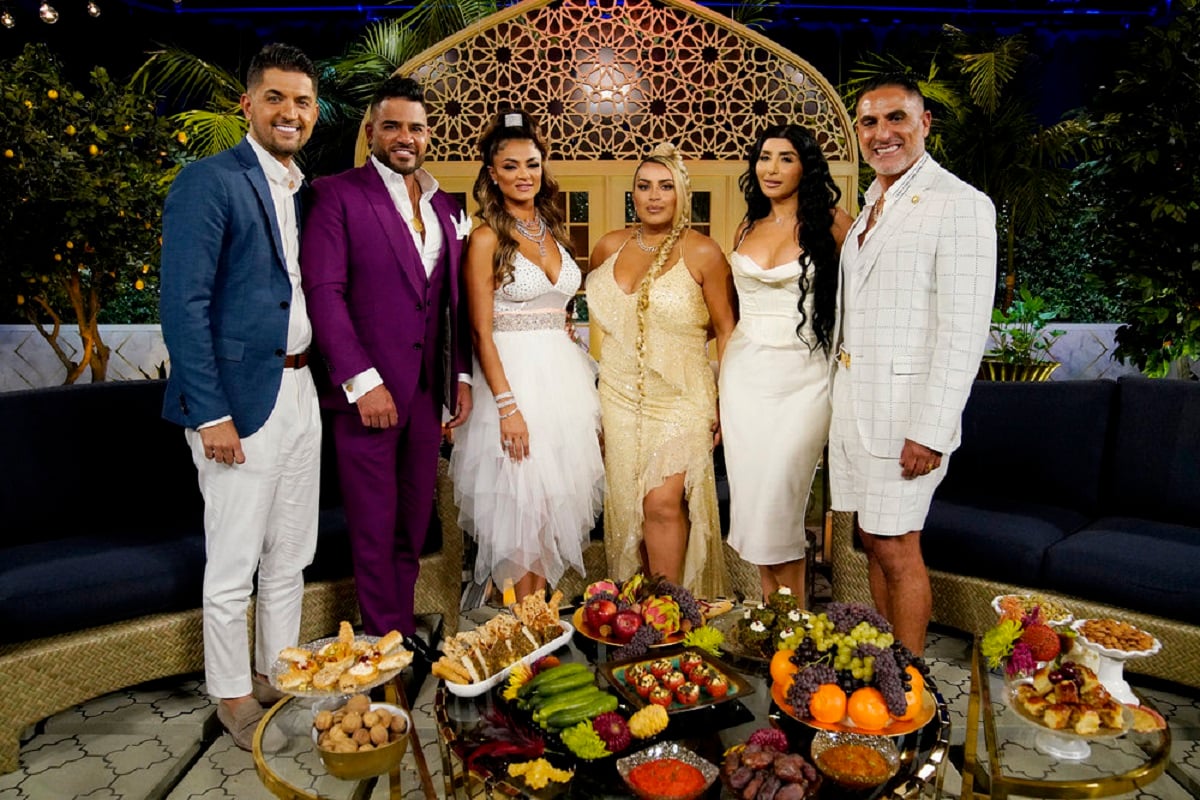 Nema Vand, Mike Farahan, Golnesa "GG" Gharachedaghi, Mercedes "MJ" Javid, Destiney Rose, and Reza Farahan pose for a photo at the 'Shahs of Sunset' season 9 reunion