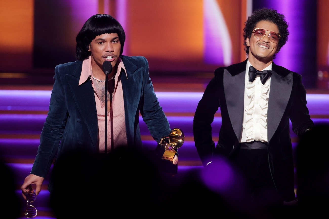 Silk Sonic accepting the Grammy for Record of the Year for 'Leave the Door Open' at the 2022 Grammy Awards.