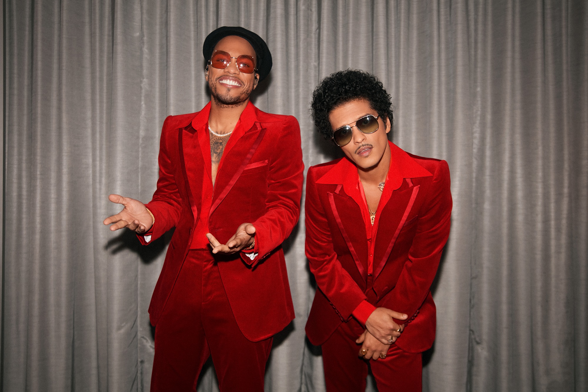Anderson .Paak and Bruno Mars of Silk Sonic backstage at the 2021 American Music Awards