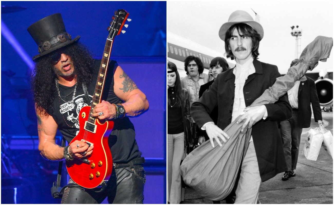 Slash performing with Myles Kennedy & The Conspirators in 2022 and George Harrison with sitar at Heathrow Airport in 1968.