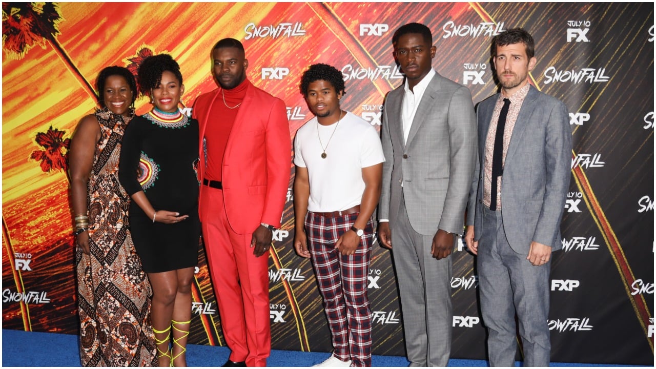 Actors Michael Hyatt, Angela Lewis, Amin Joseph, Isaiah John, Damson Idris and Carter Hudson smiling at the premiere of FX's "Snowfall" season 3