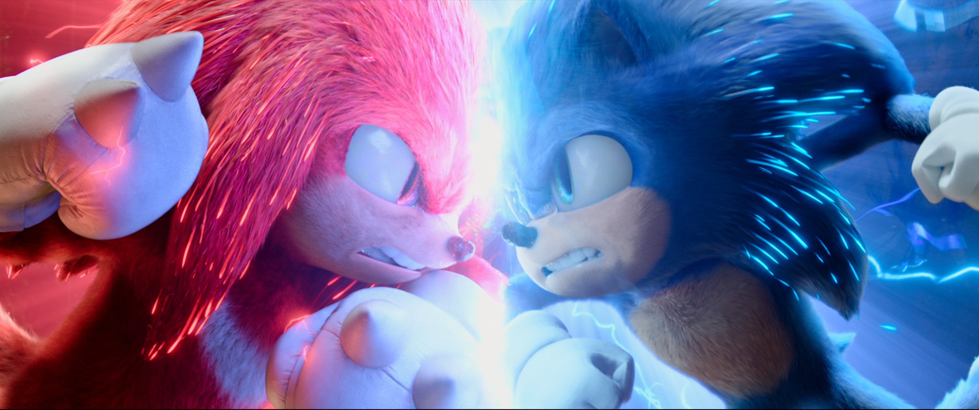 'Sonic the Hedgehog 2' Knuckles (voiced by Idris Elba) and Sonic (voiced by Ben Schwartz) colliding with each other with energy in between them