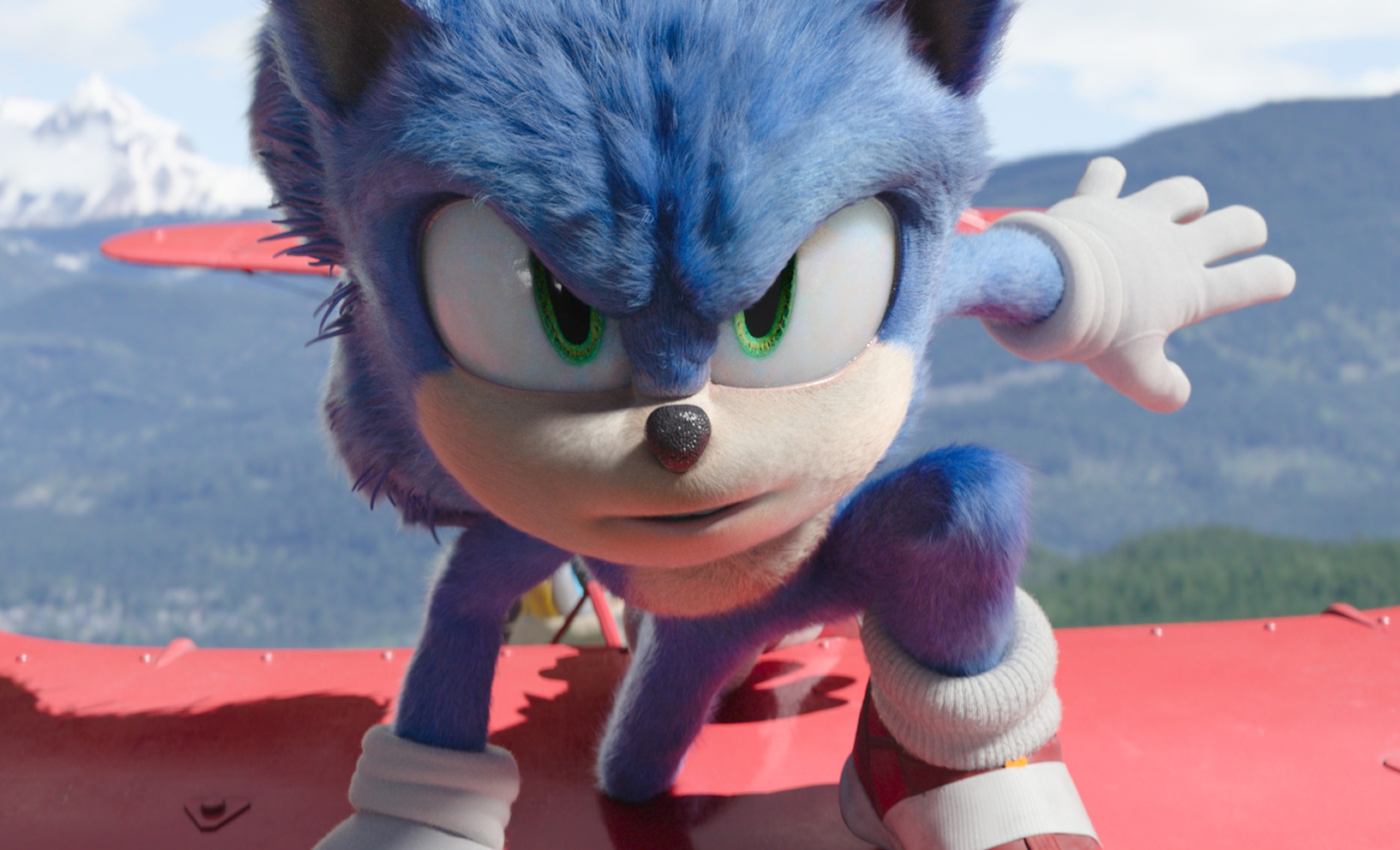 Sonic kneeling on top of an plane in 'Sonic the Hedgehog 2,' which has an end-credits scene.