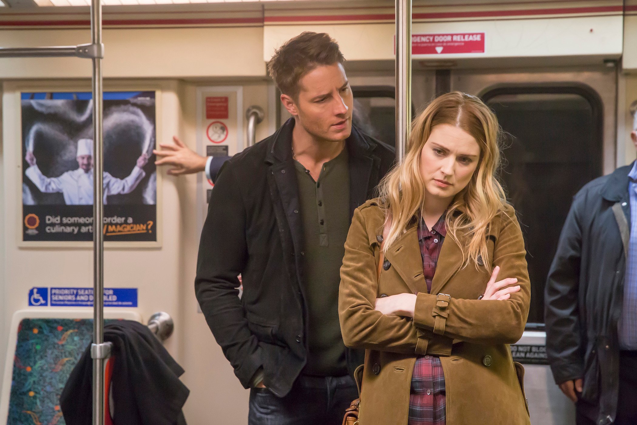 Kevin and Sophie riding the subway together and looking upset on 'This Is Us'