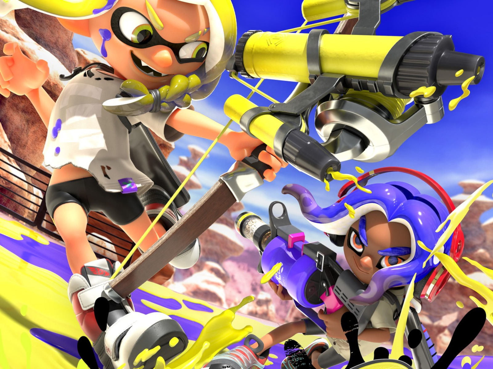 Cover art for 'Splatoon 3,' which was revealed with its release date. It shows two of the characters holding ink guns and shooting yellow and purple ink.