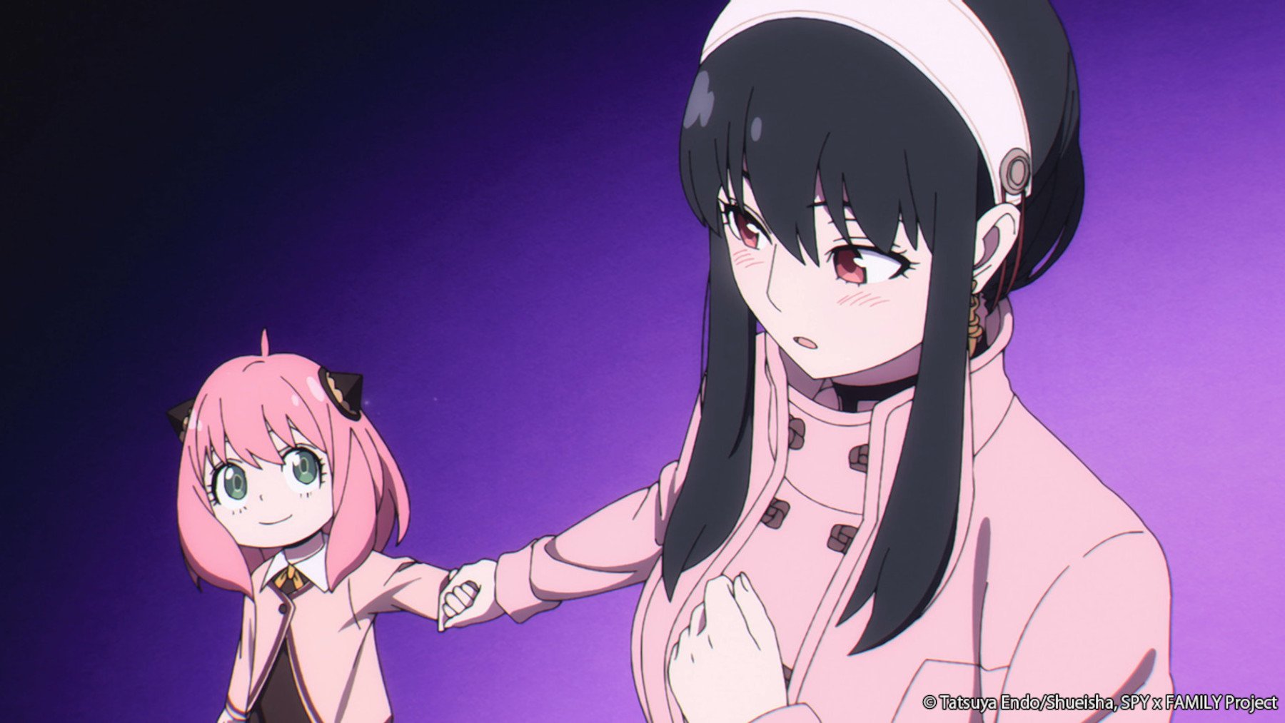 Anya and Yor holding hands in 'Spy x Family' Episode 3. Anya is looking up at Yor, and there's a purple background.