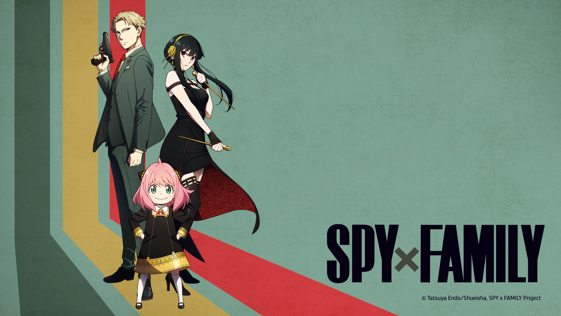 Key art for 'Spy x Family' featuring Loid Forger, Anya Forger, and Yor Forger against a green background. The show's logo is on the right side.