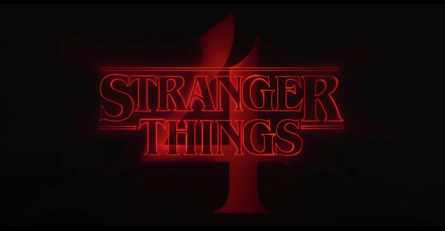 'Stranger Things 4' logo with red font on a black background