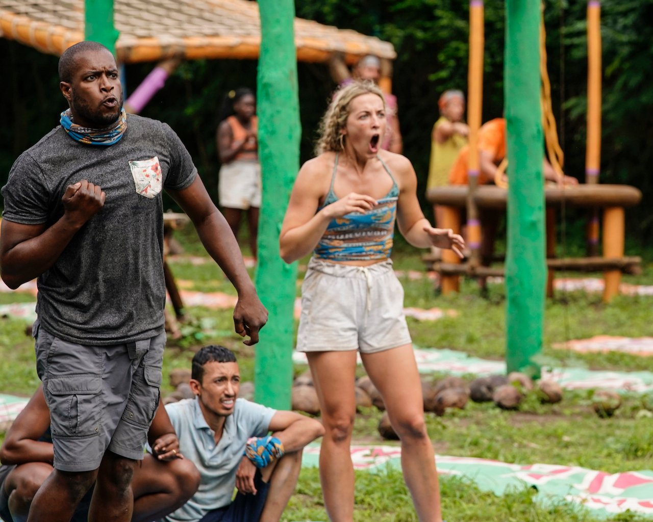 Rocksroy Bailey, Romeo Escobar and Tori Meehan celebrate during a competiton on 'Survivor 42'.