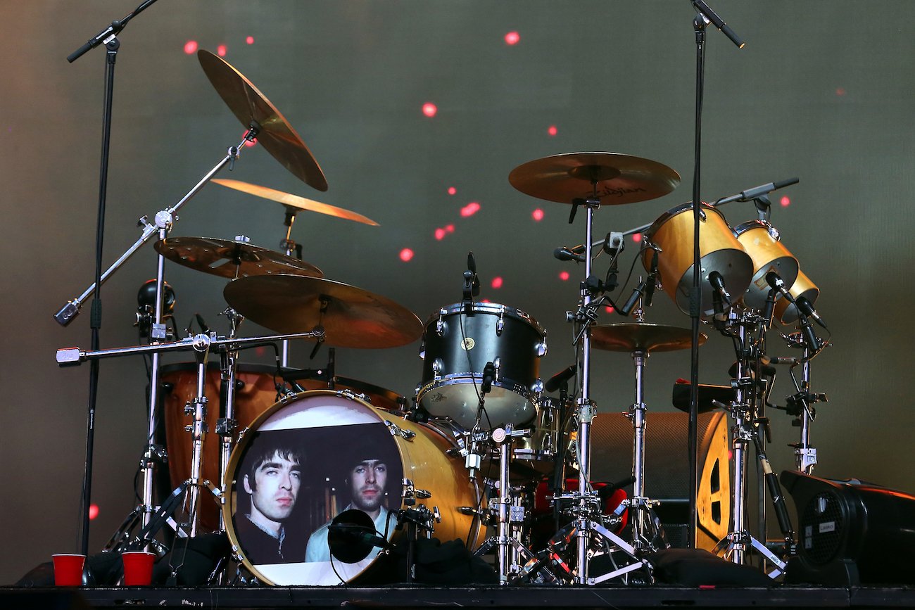 Taylor Hawkins' drum kit with a picture of the Gallagher brothers on it during Reading Festival in 2019.