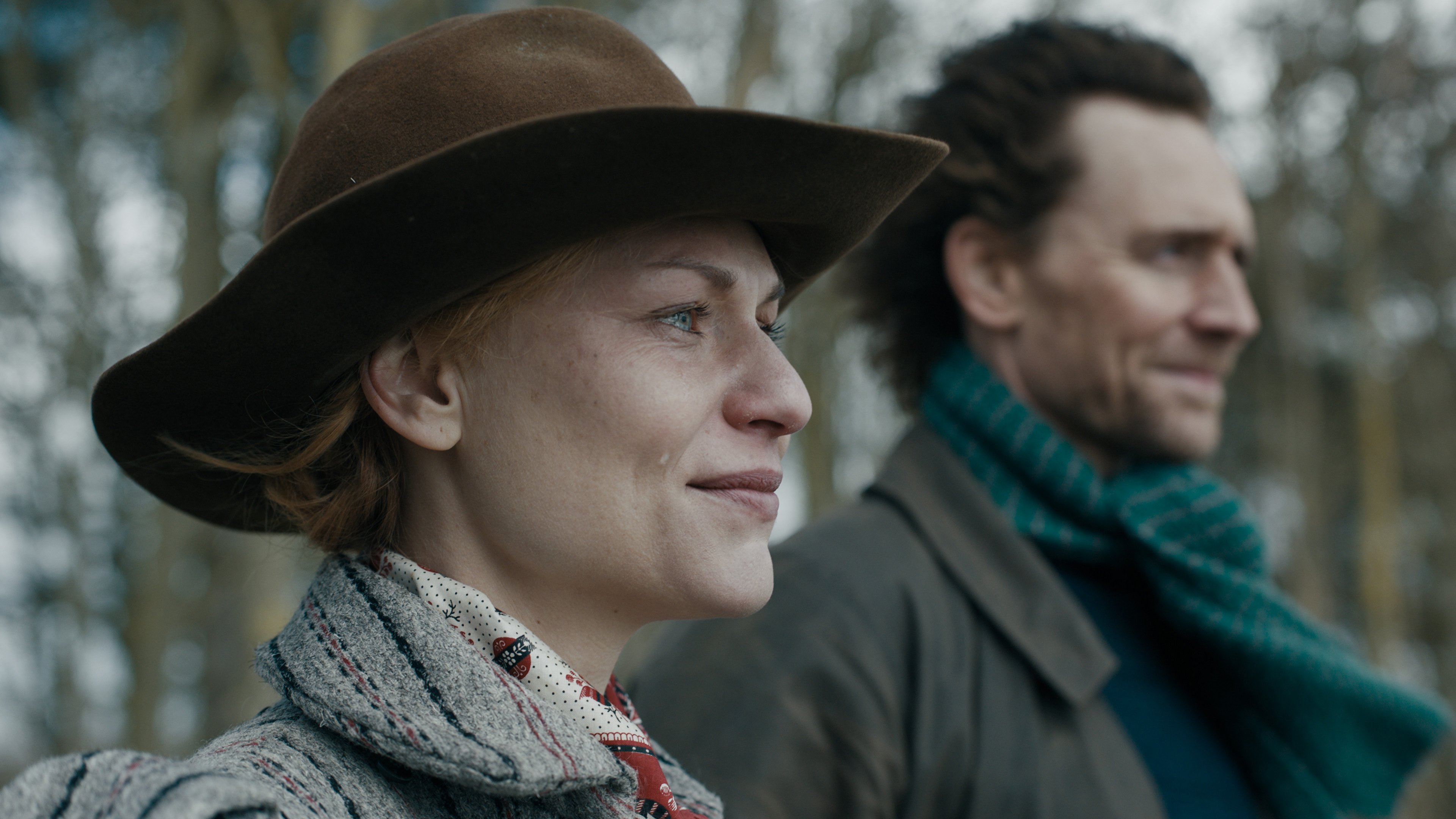 Claire Danes in profile, with Tom Hiddleston in the background, in 'The Essex Serpent'