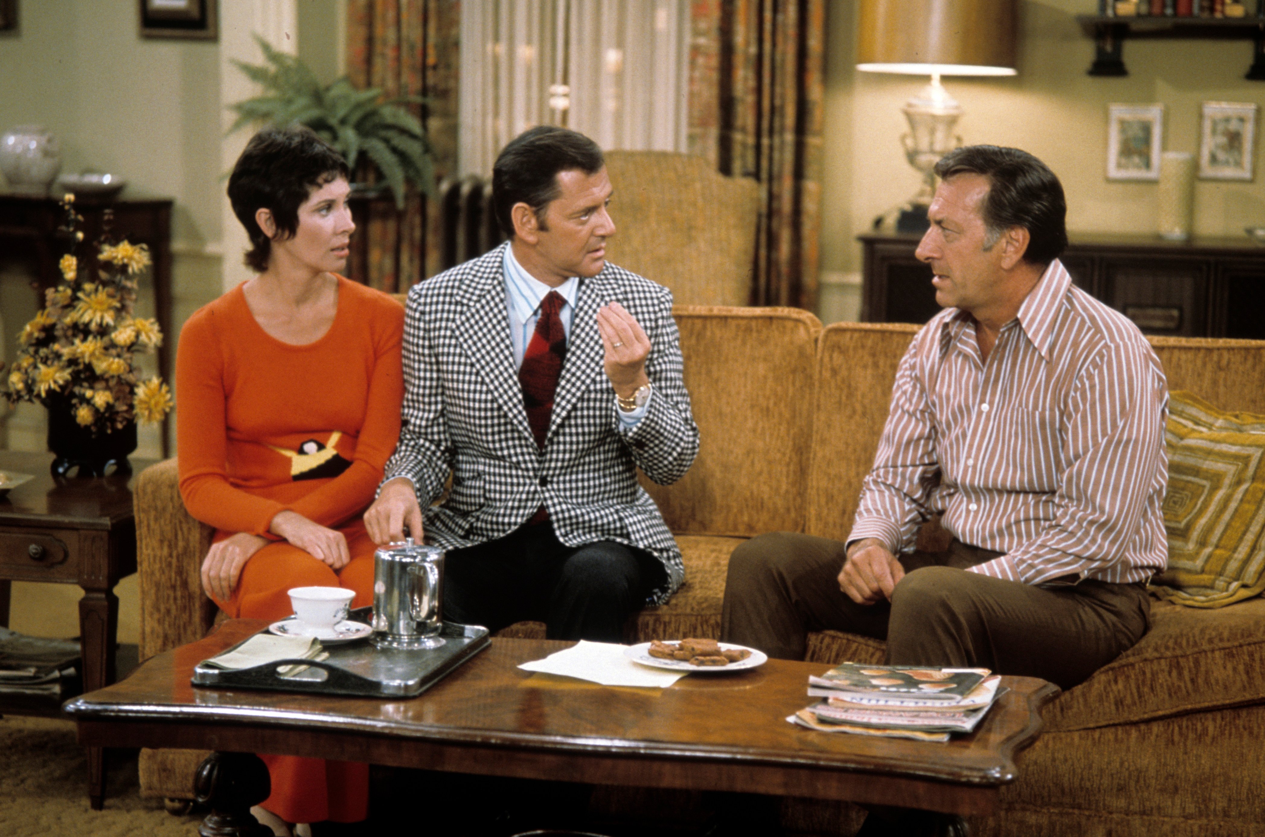 Left to right: Actors Elinor Donahue, Tony Randall, and Jack Klugman in a scene from 'The Odd Couple,' 1972.