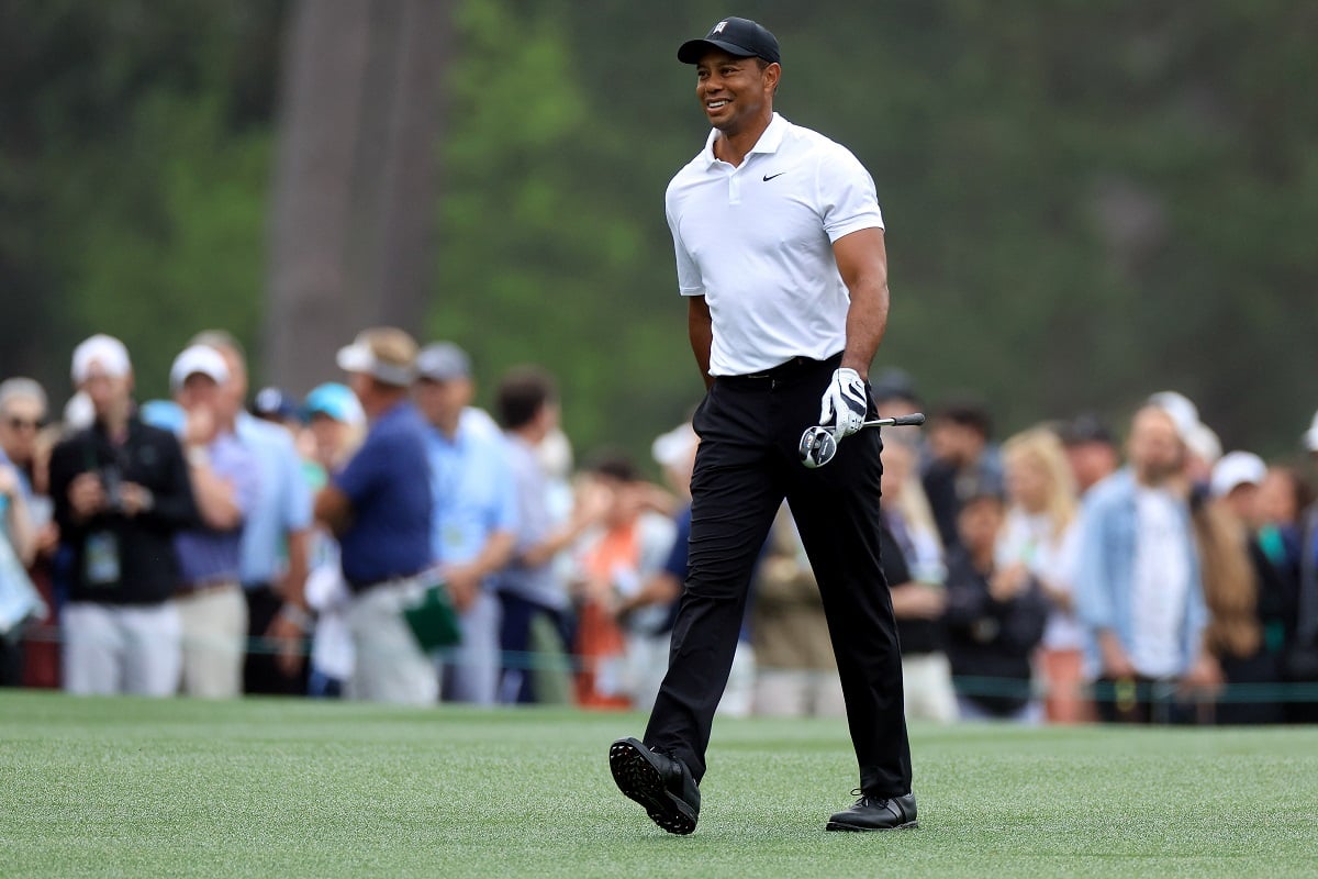 Tiger Woods walks the practice round prior at the Masters at Augusta National Golf Club in 2022