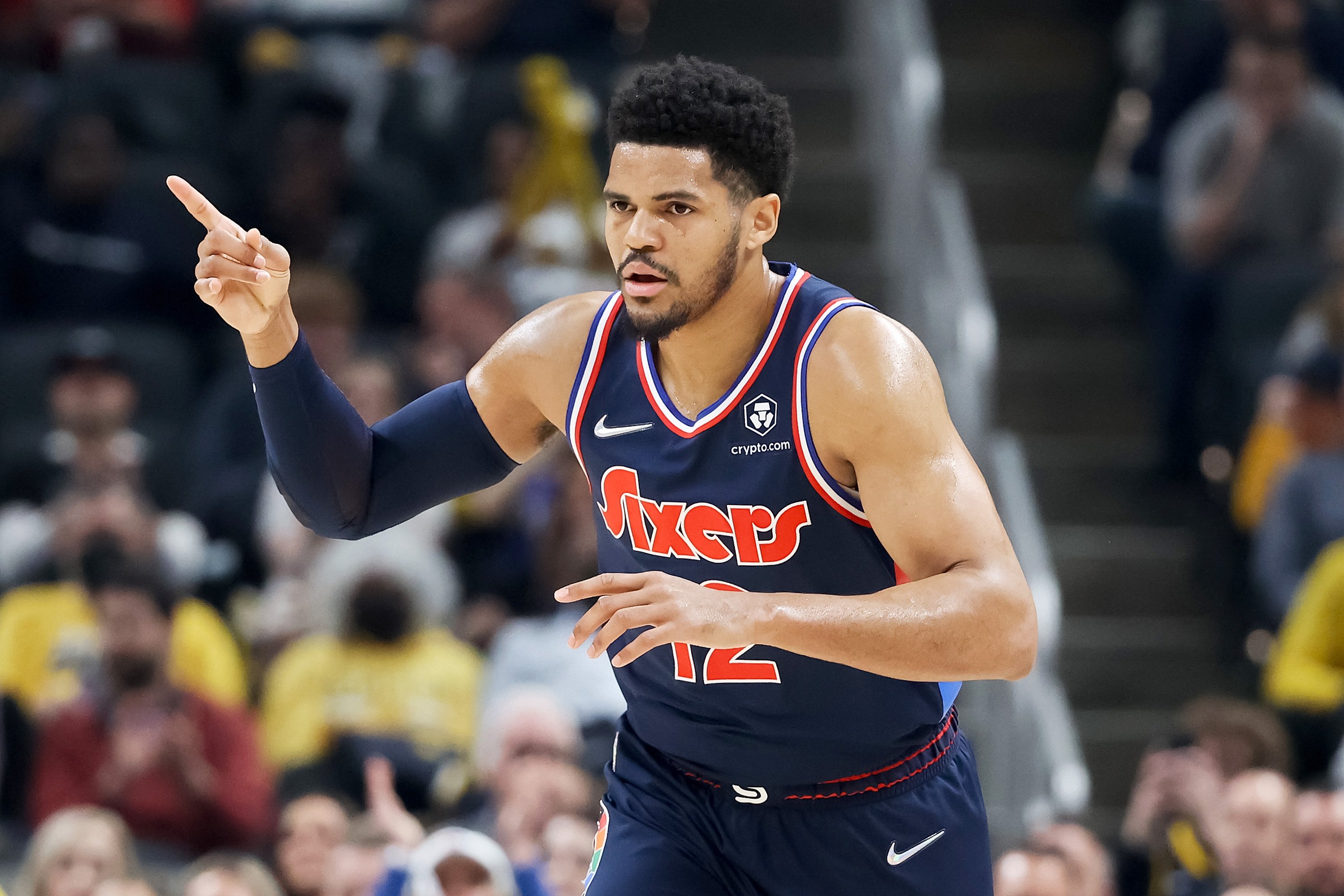 Tobias Harris, whose fiancée is Jasmine, celebrates during a game against the Indiana Pacers