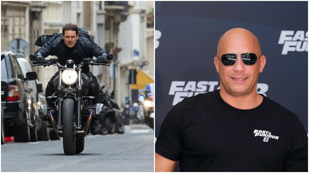 Tom Cruise shooting 'Mission: Impossible -- Fallout' in 2018; Vin Diesel attends a 'The Fate of the Furious' Event in Spain in 2017.
