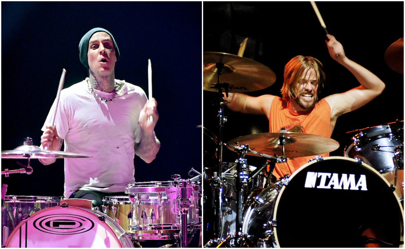 Travis Barker performing at the 2020 American Music Awards. Taylor Hawkins performing with Foo Fighters at Rod Laver Arena in Melbourne, Australia, 2005.