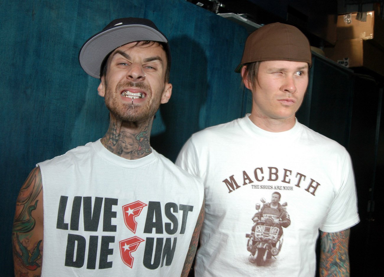 Travis Barker and Tom DeLonge during Blink-182's visit to MTV's 'TRL' in 2004.