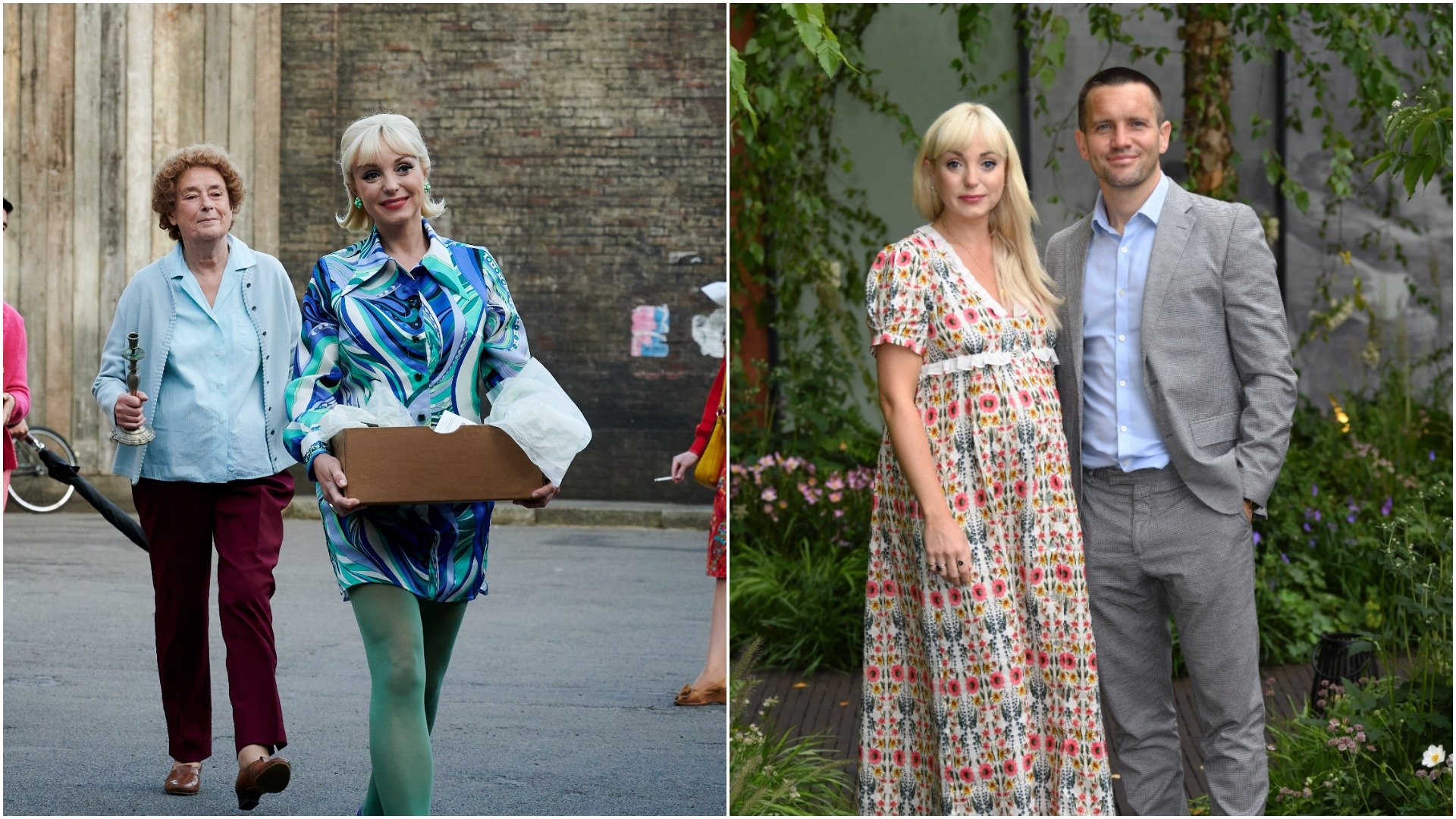 Side-by-side photos of Helen George as Trixie, holding a box, in 'Call the Midwife' and a pregnant Helen George and her partner Jack Ashton