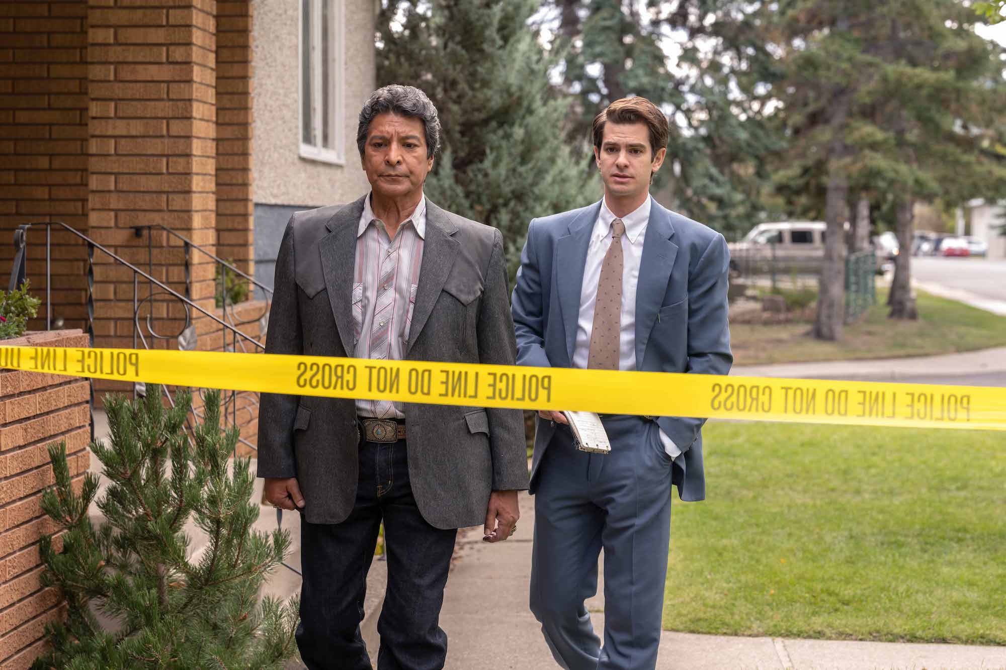 'Under the Banner of Heaven' cops Gil Birmingham and Andrew Garfield approach the crime scene
