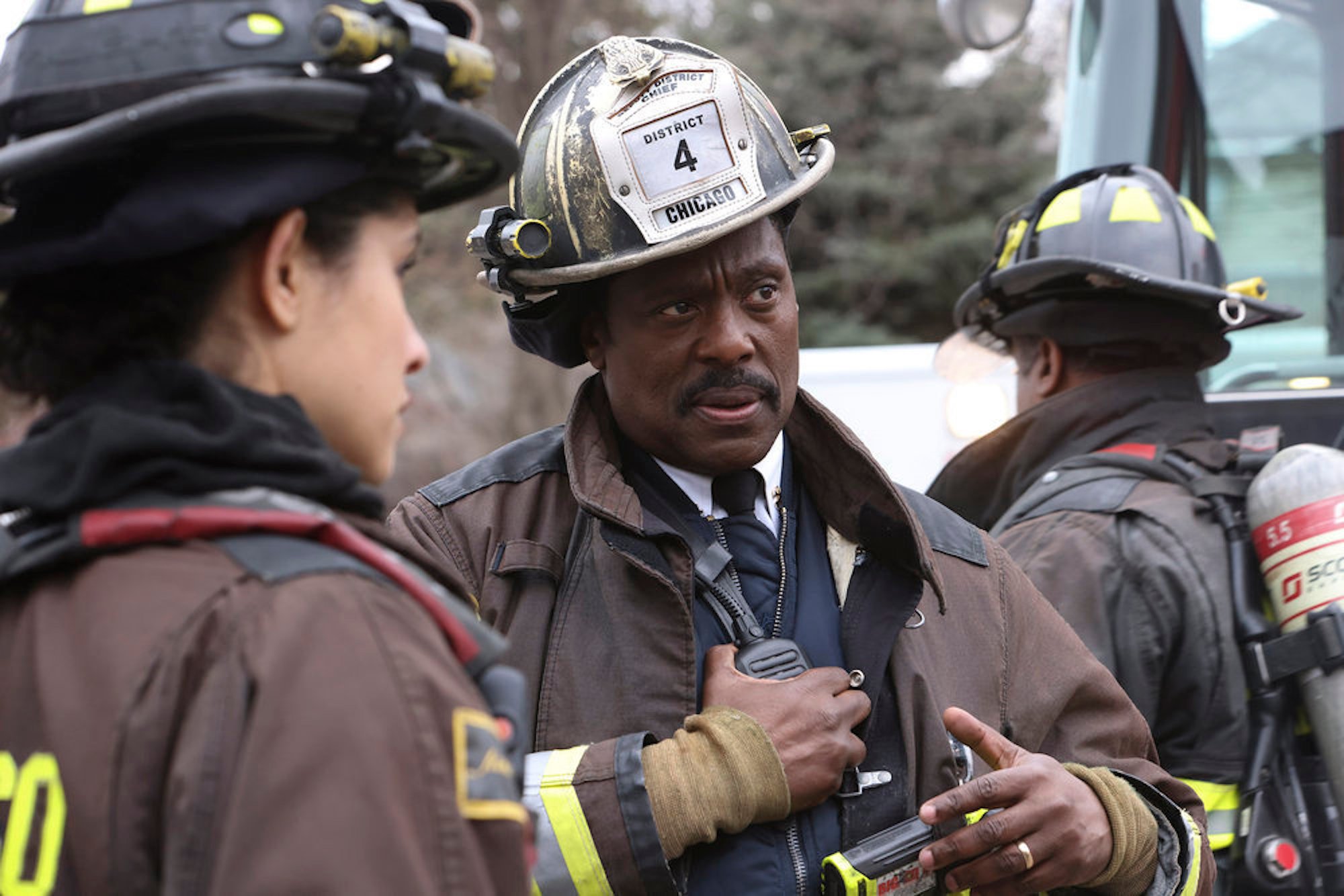 'Chicago Fire' Season 10 Episode 18 still of Wallace Boden in firefighting gear